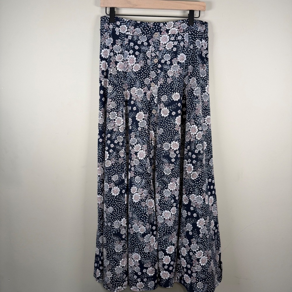 SJS Navy Floral Boho Cottagecore Faux Button Down Maxi Flare Skirt Medium